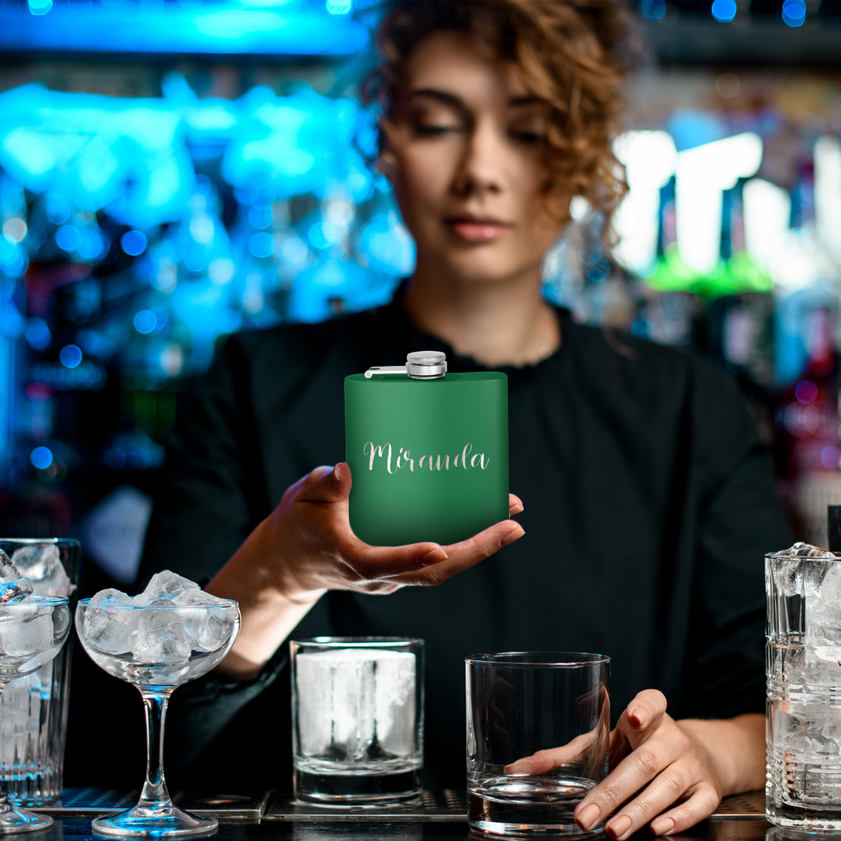 Cuptify Personalized for Women Laser Engraved on Green 6 oz Hip Flask