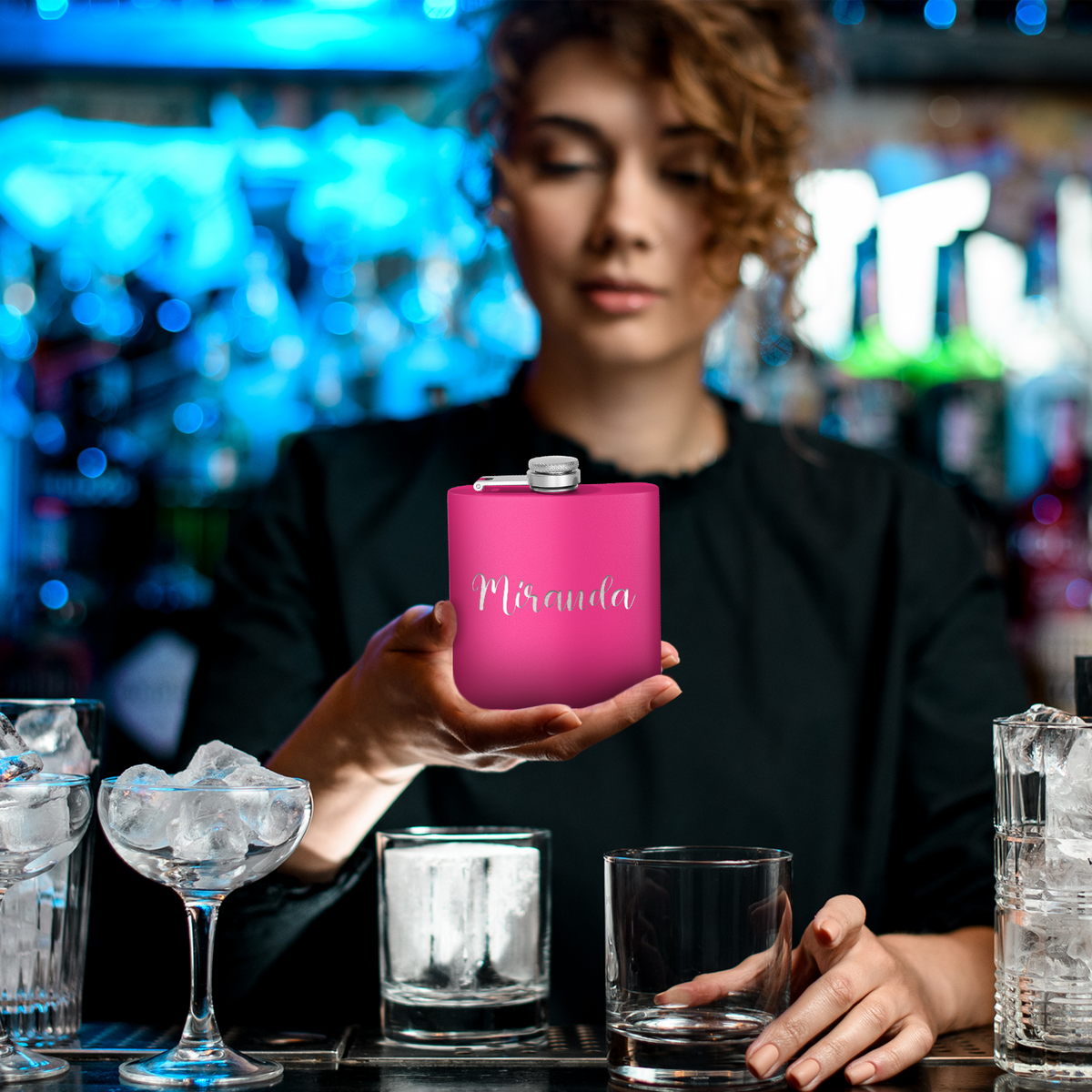 Cuptify Personalized for Women Laser Engraved on Hot Pink 6 oz Hip Flask