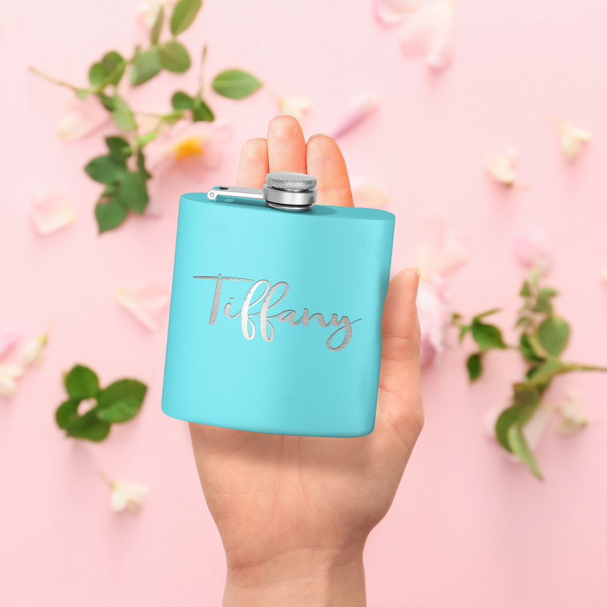 Cuptify Personalized for Women Laser Engraved on Lite Blue 6 oz Hip Flask