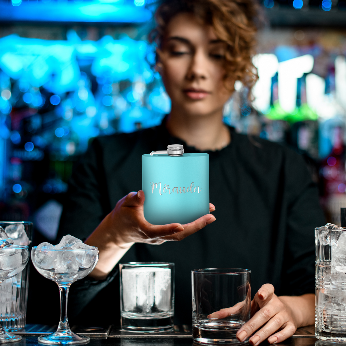 Cuptify Personalized for Women Laser Engraved on Lite Blue 6 oz Hip Flask