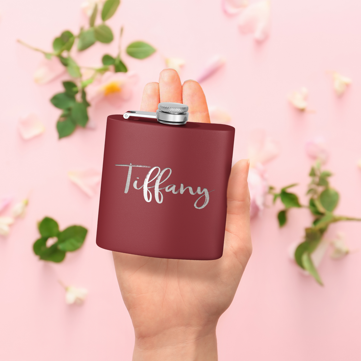 Cuptify Personalized for Women Laser Engraved on Maroon 6 oz Hip Flask