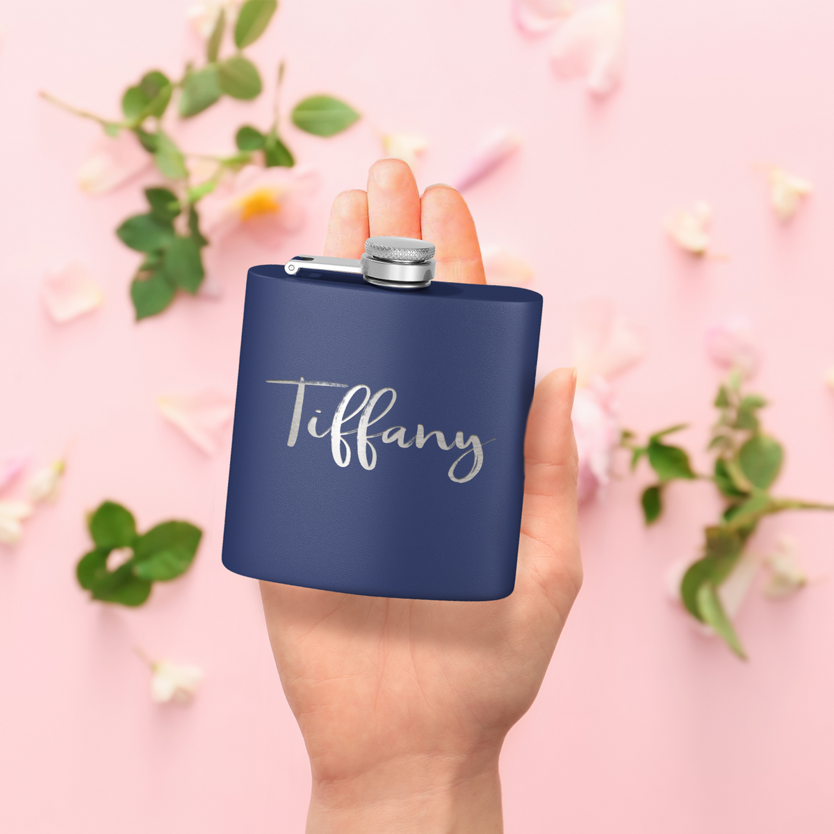 Cuptify Personalized for Women Laser Engraved on Navy Blue 6 oz Hip Flask