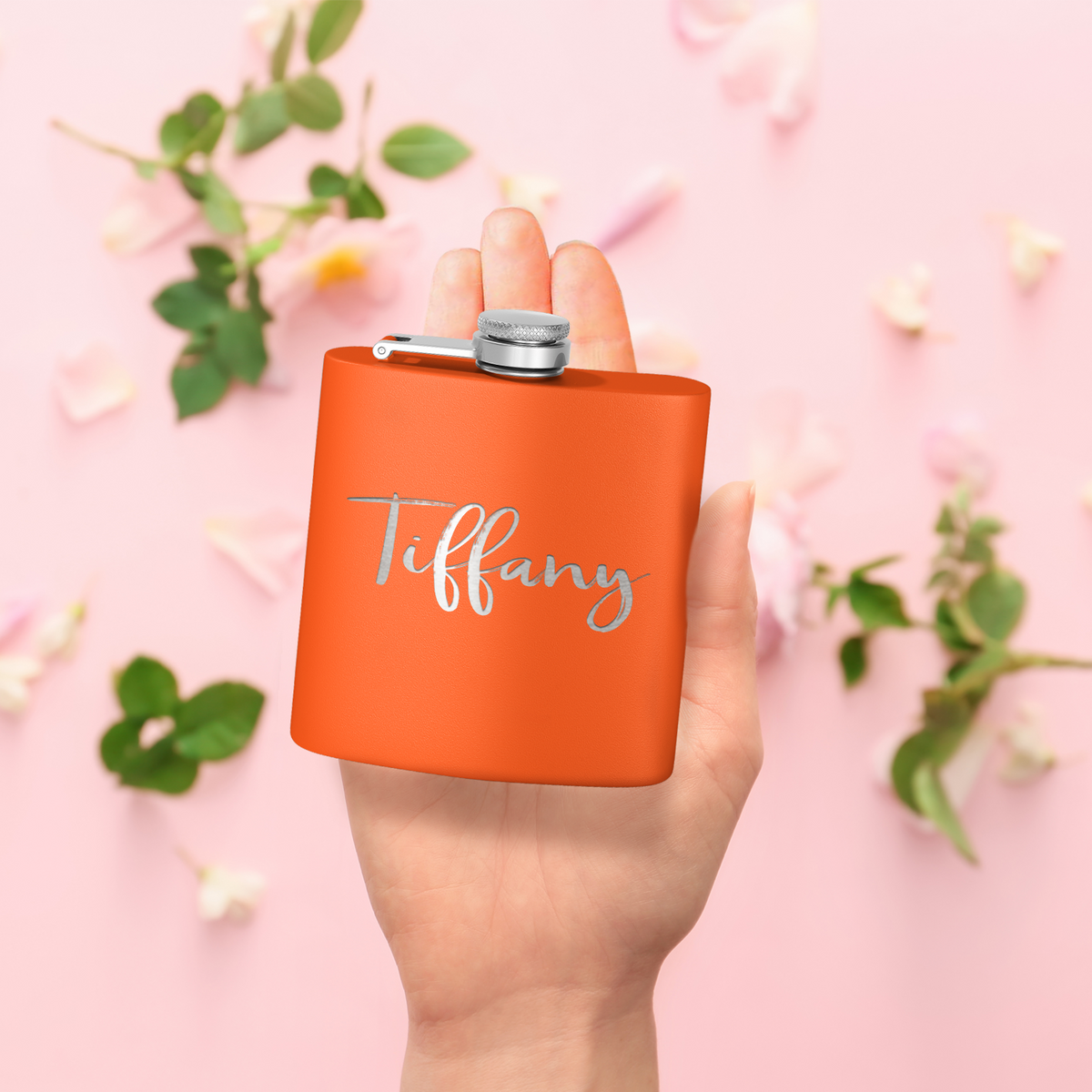 Cuptify Personalized for Women Laser Engraved on Orange 6 oz Hip Flask