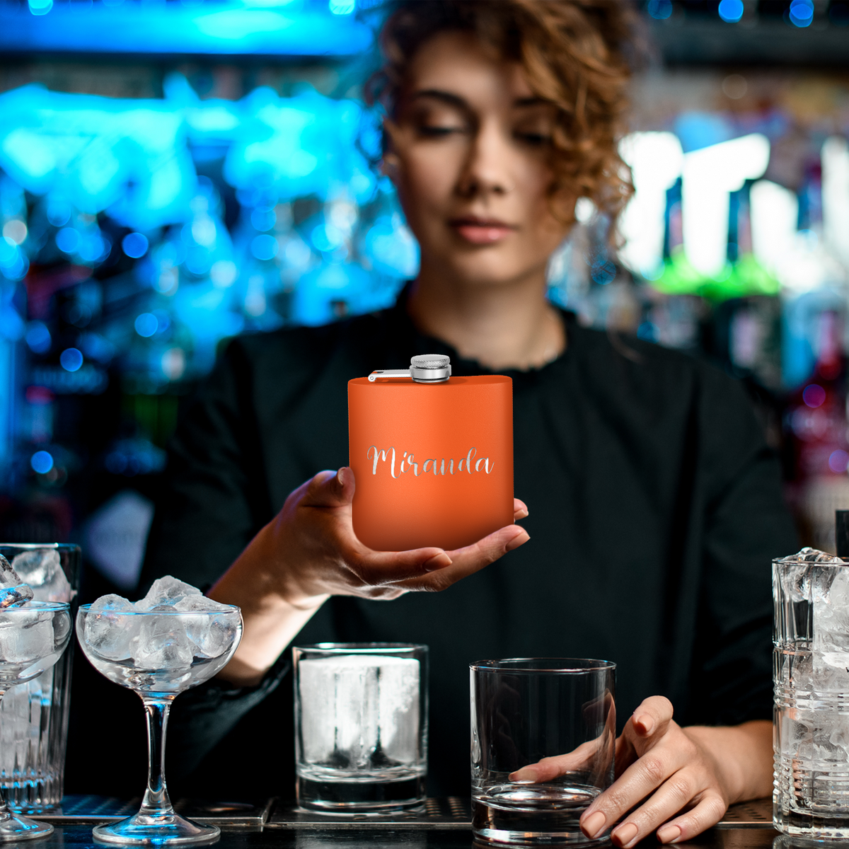 Cuptify Personalized for Women Laser Engraved on Orange 6 oz Hip Flask