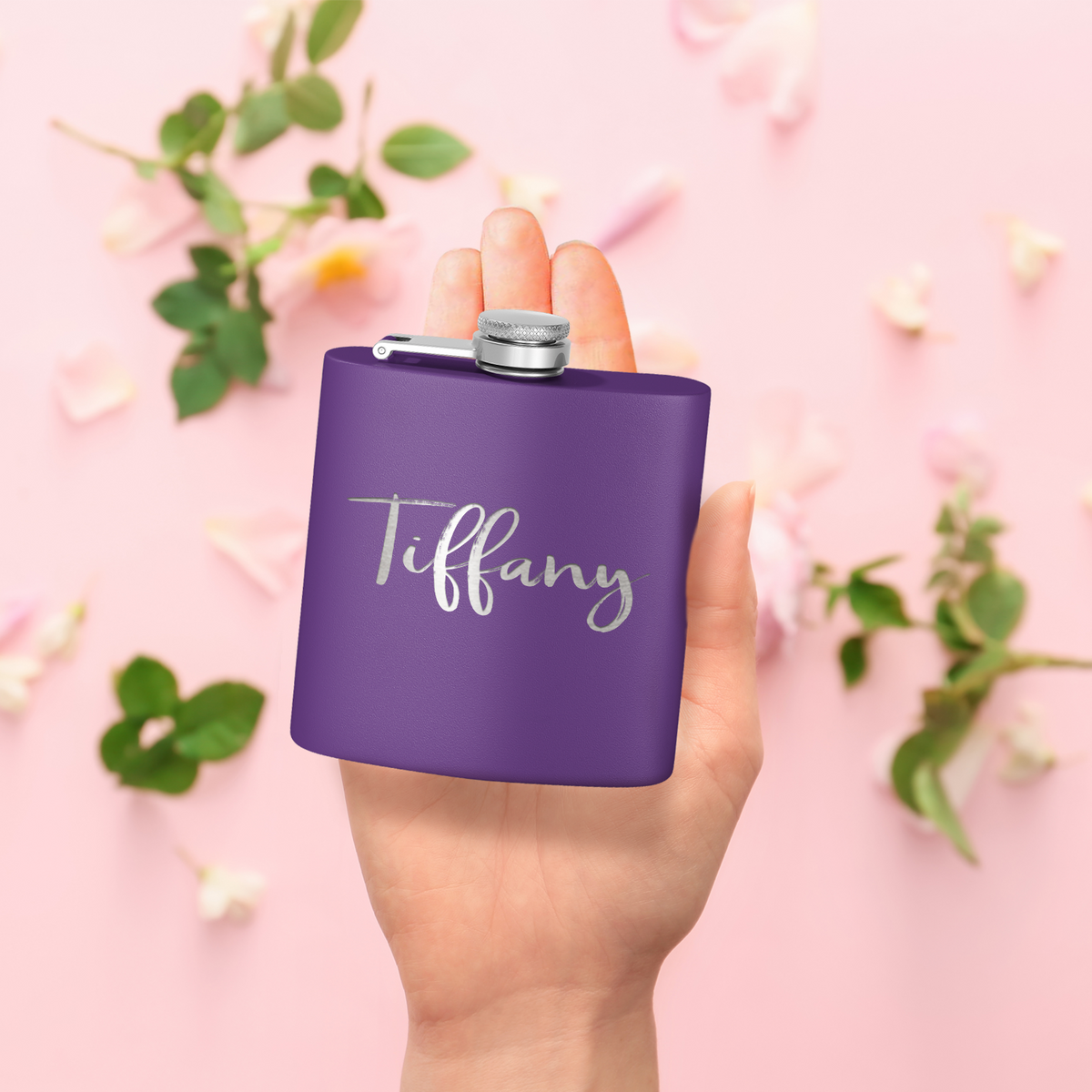 Cuptify Personalized for Women Laser Engraved on Purple 6 oz Hip Flask