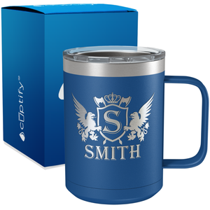 Personalized Monogram Initial Badge Crown Engraved on 15oz Coffee Mug