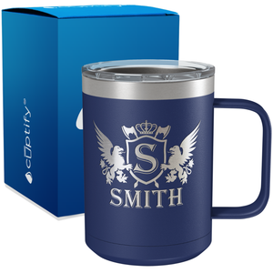 Personalized Monogram Initial Badge Crown Engraved on 15oz Coffee Mug