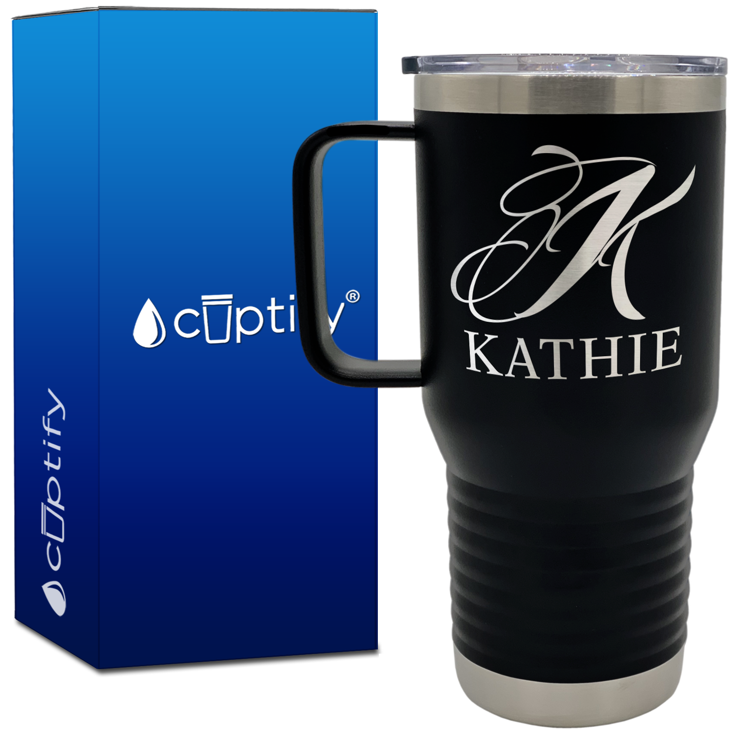 Personalized Script Initial and Name Engraved on 20oz Travel Mug