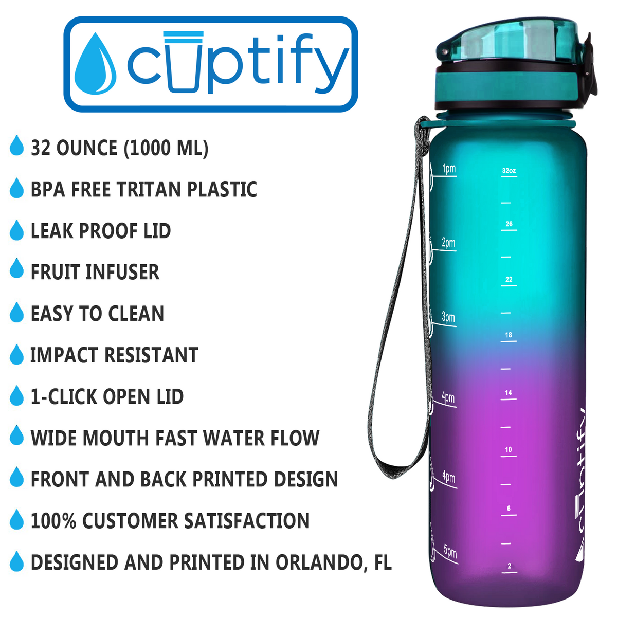 Mermaid Frosted 32 oz Hydration Tracker Water Bottle