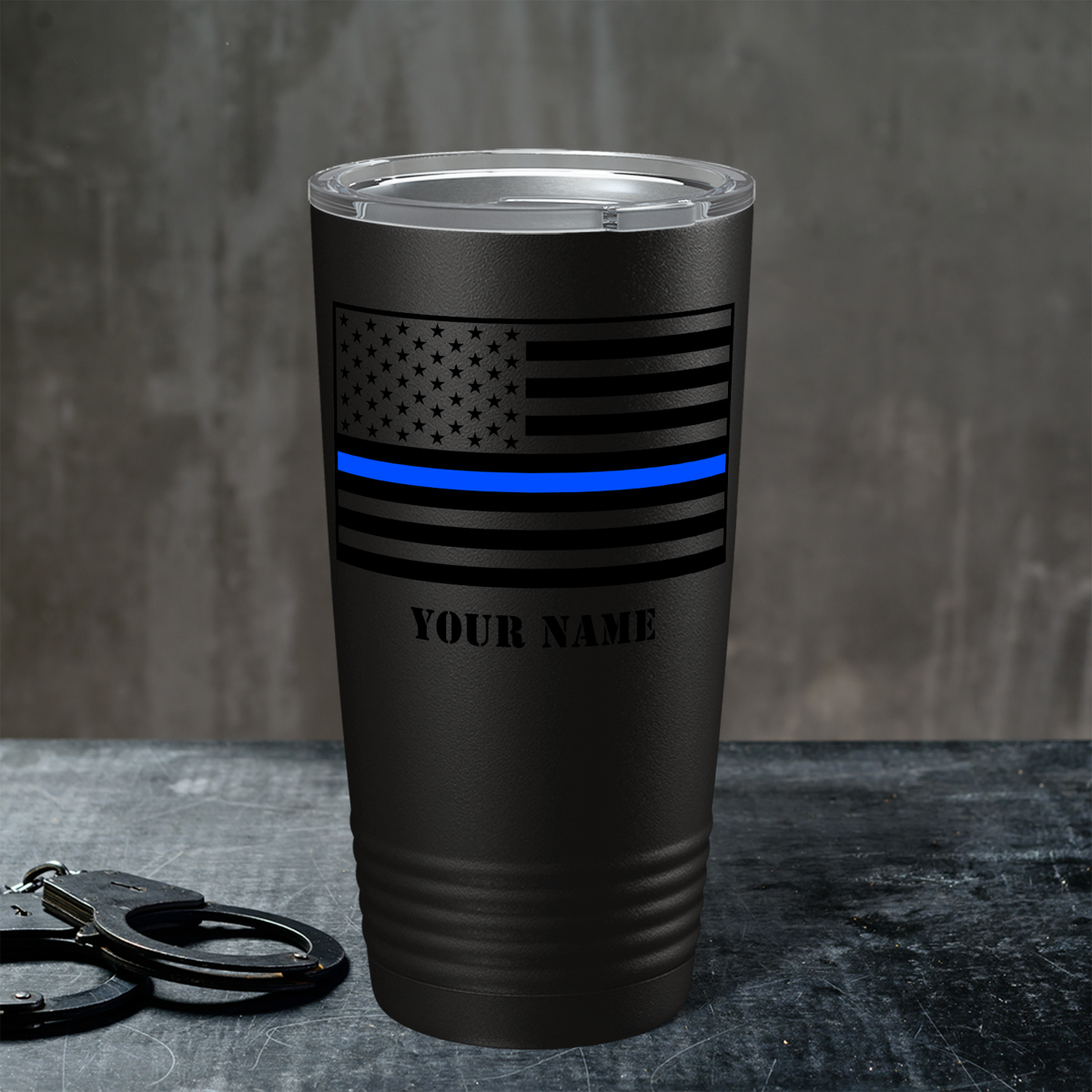 Personalized Thin Blue Line Flag Police 20oz Black Tumbler