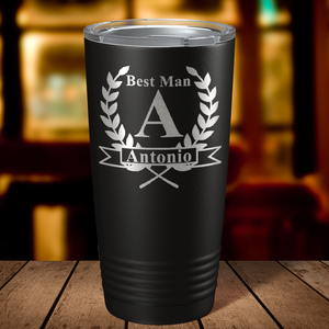 Wreath Monogram Groomsmen on Black 20 oz Stainless Stell Tumbler