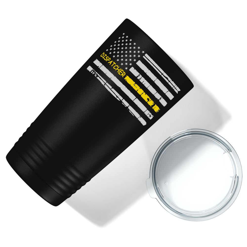 Distressed Thin Gold Line Flag Dispatcher White 20oz Black Tumbler