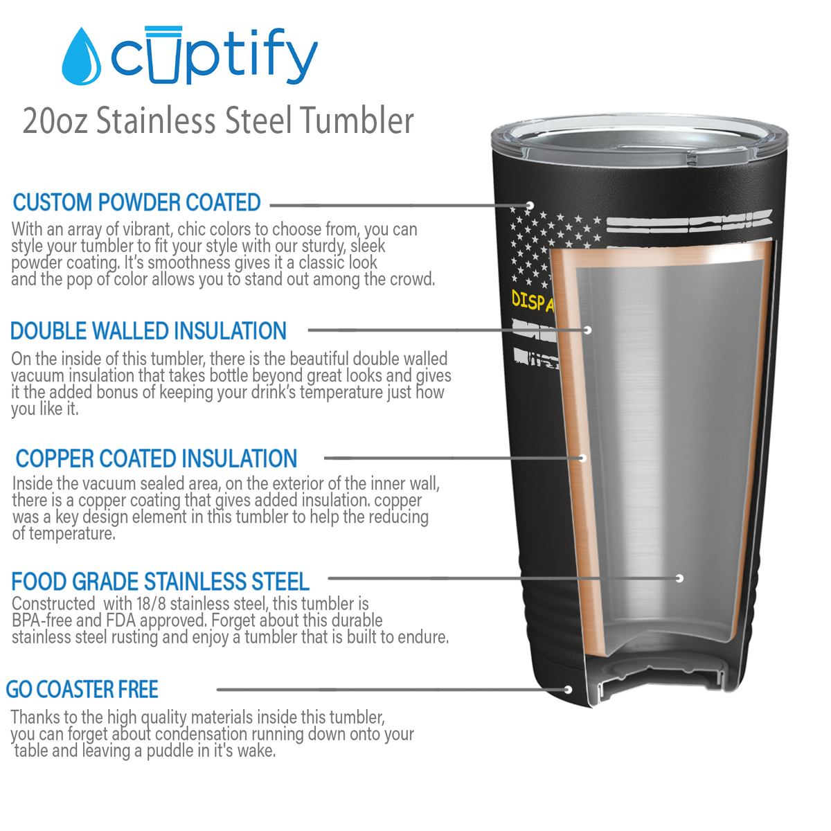 Distressed Thin Gold Line Flag Dispatcher White 20oz Black Tumbler