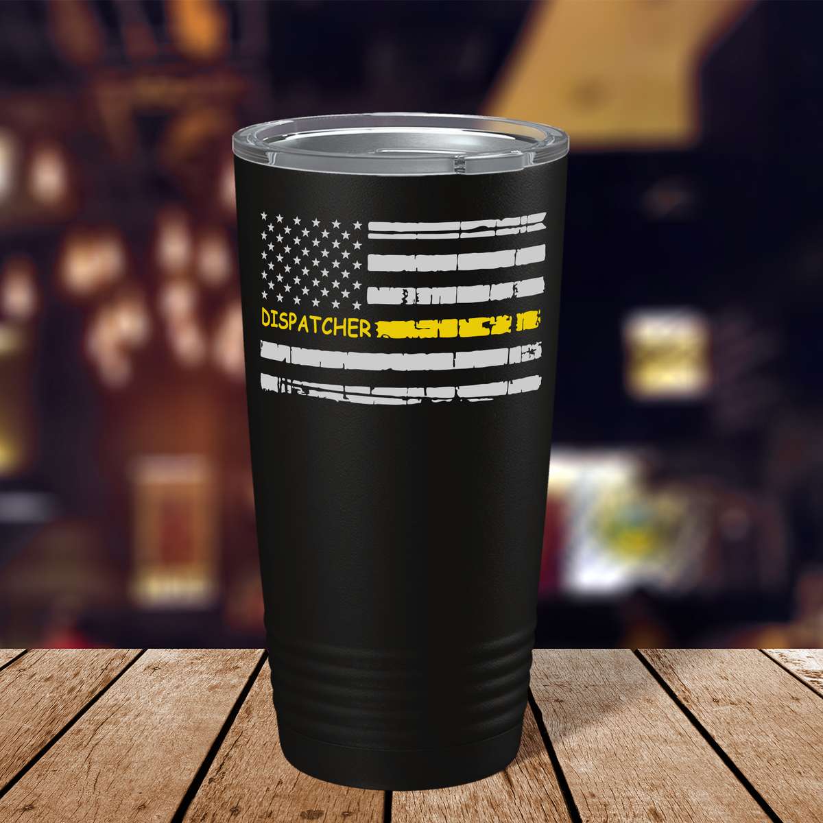 Distressed Thin Gold Line Flag Dispatcher White 20oz Black Tumbler