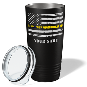 Personalized Distressed Thin Gold Line Flag Dispatcher White 20oz Black Tumbler