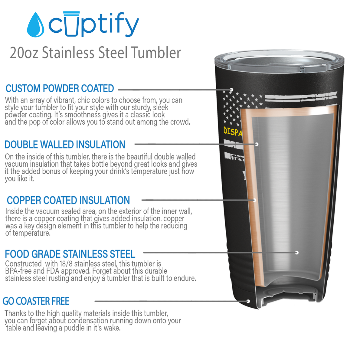 Personalized Distressed Thin Gold Line Flag Dispatcher White 20oz Black Tumbler