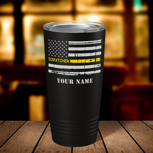 Personalized Distressed Thin Gold Line Flag Dispatcher White 20oz Black Tumbler