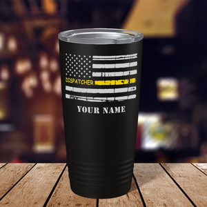 Personalized Distressed Thin Gold Line Flag Dispatcher White 20oz Black Tumbler