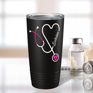 Personalized Pink Stethoscope Nurse Heart Black 20oz Tumbler