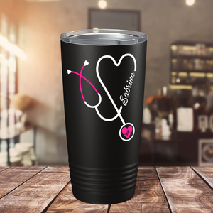 Personalized Pink Stethoscope Nurse Heart Black 20oz Tumbler