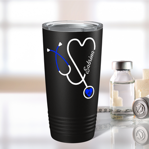 Personalized Blue Stethoscope Nurse Heart Black 20oz Tumbler