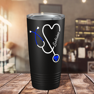 Personalized Blue Stethoscope Nurse Heart Black 20oz Tumbler