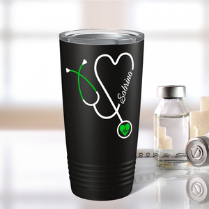 Personalized Green Stethoscope Nurse Heart Black 20oz Tumbler