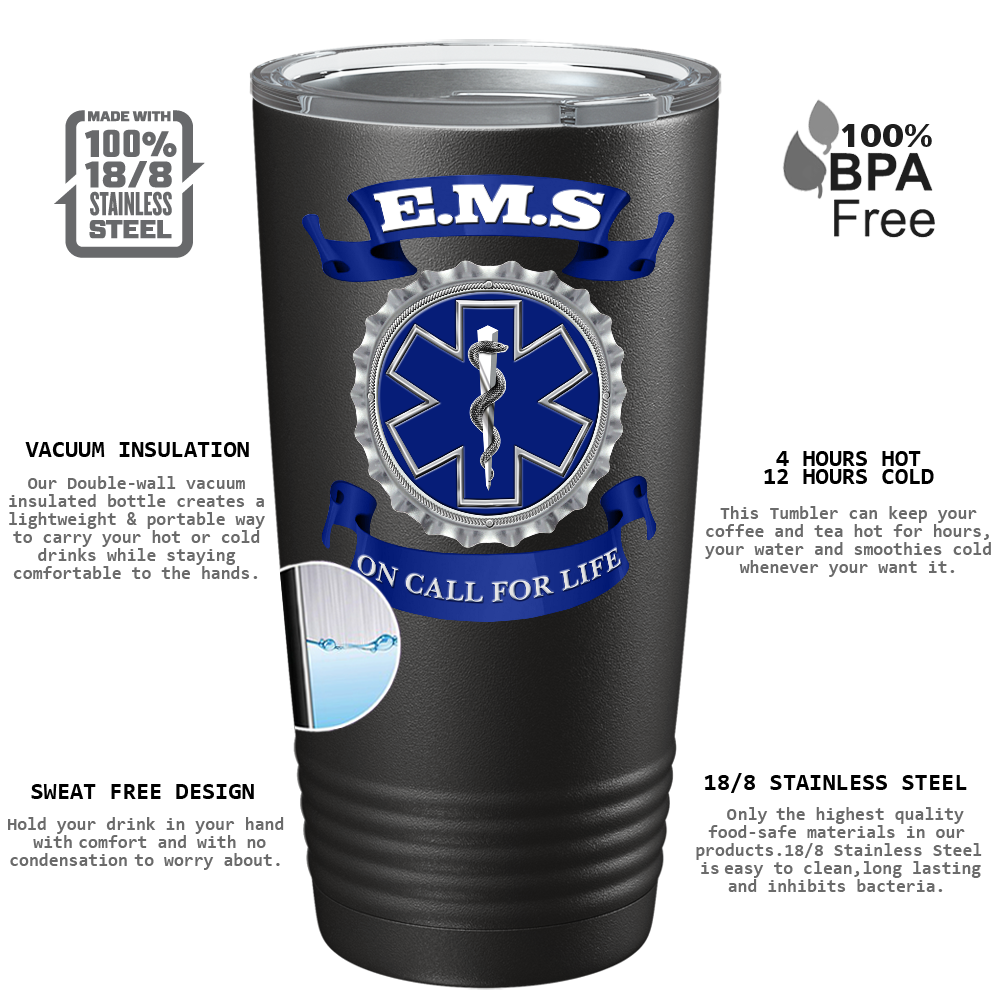EMS Blue on Call for LIFE Paramedic 20oz Black Tumbler