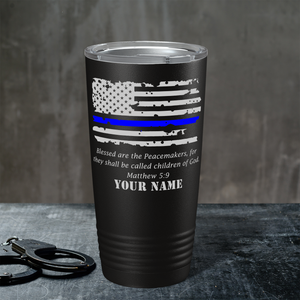 Personalized Police Thin Blue Flag Peacemakers 20oz Black Tumbler