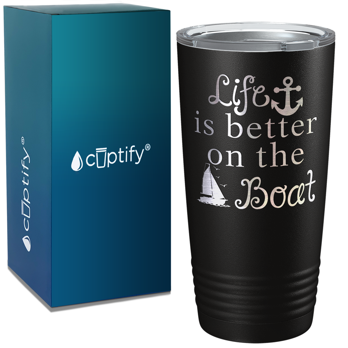 Life is Better on the Boat Blue on White 20 oz Stainless Steel Tumbler
