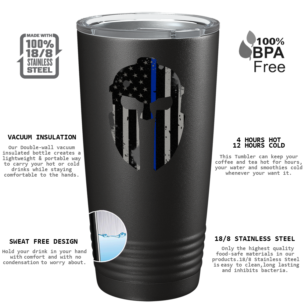 Personalized Police Spartan Helmet Thin Blue Line 20oz Black Tumbler