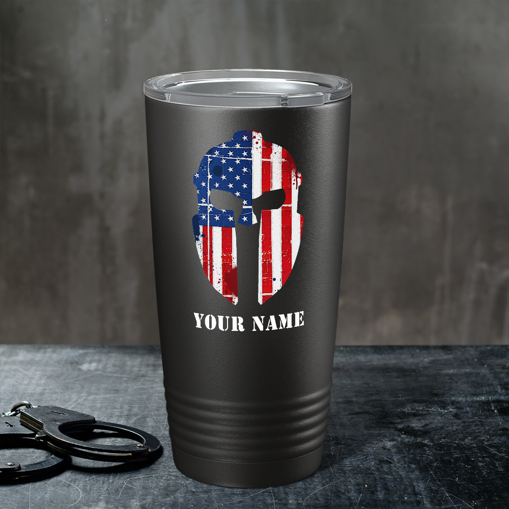 Personalized Spartan Helmet American Flag Police 20oz Black Tumbler