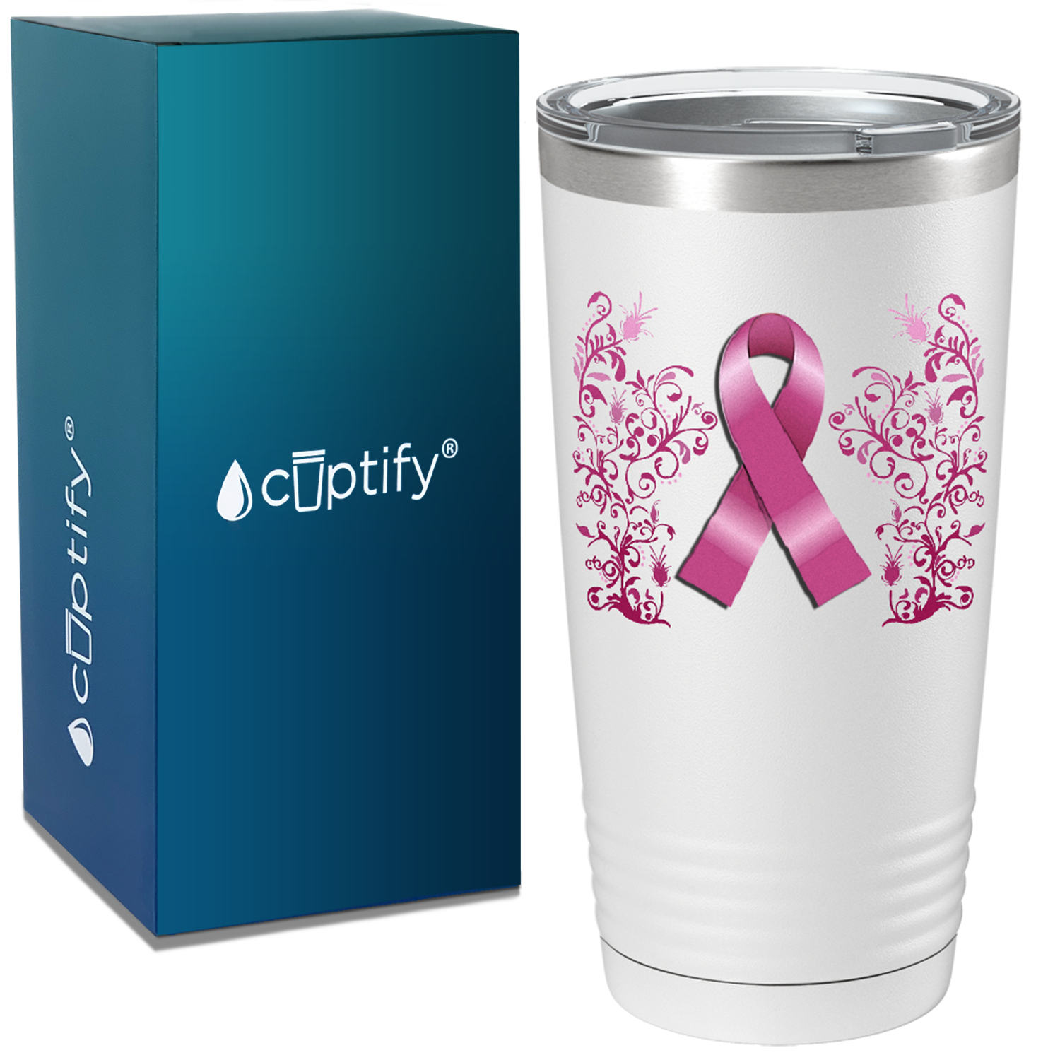 Floral Breast Cancer Awareness Ribbon on White 20oz Tumbler