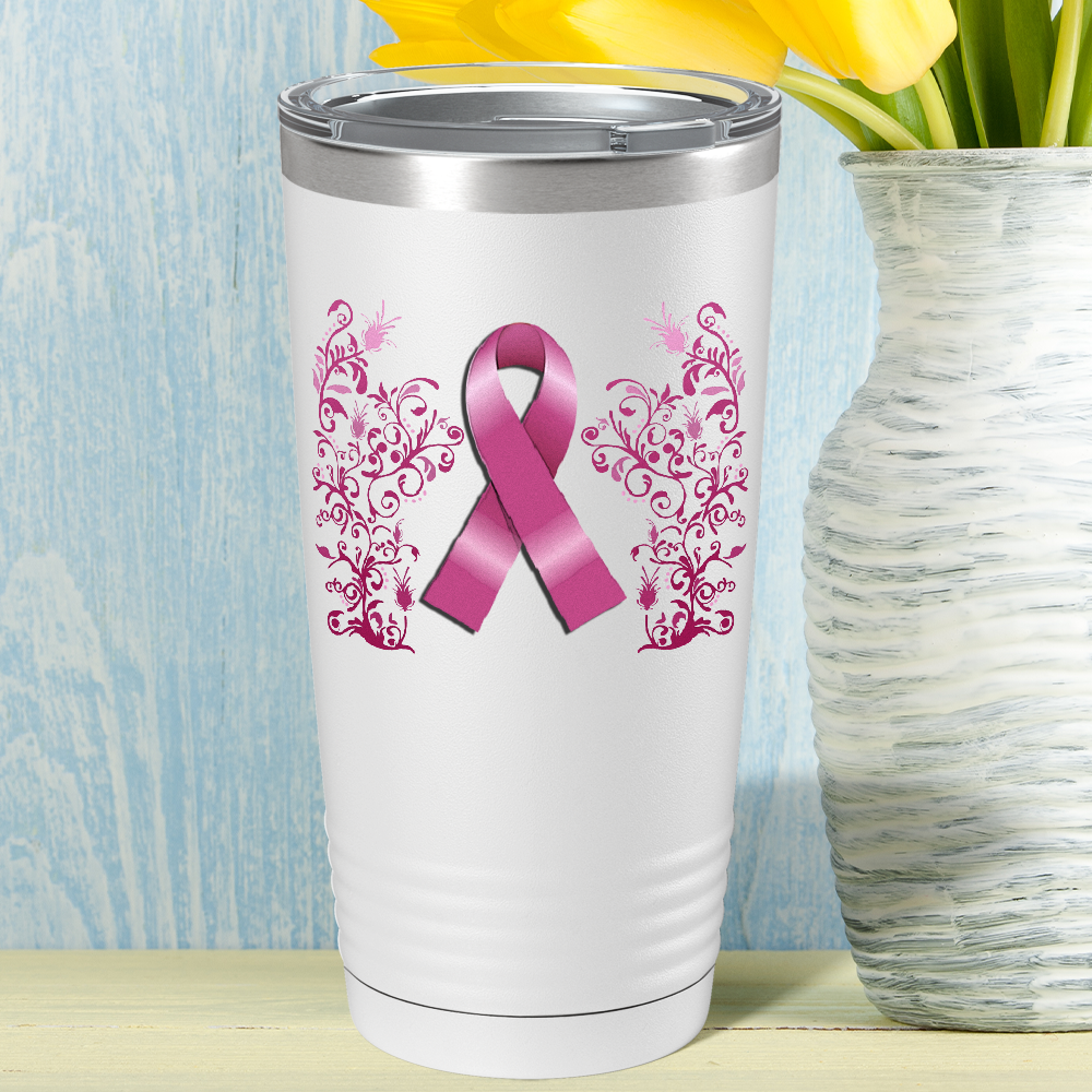 Floral Breast Cancer Awareness Ribbon on White 20oz Tumbler