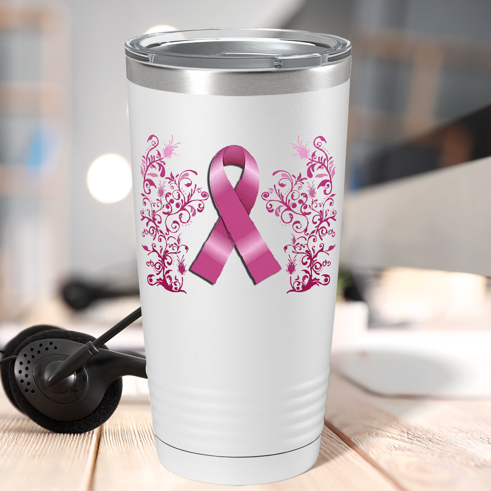 Floral Breast Cancer Awareness Ribbon on White 20oz Tumbler
