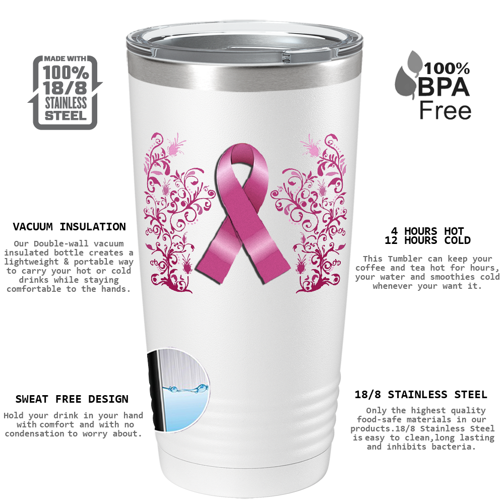 Floral Breast Cancer Awareness Ribbon on White 20oz Tumbler