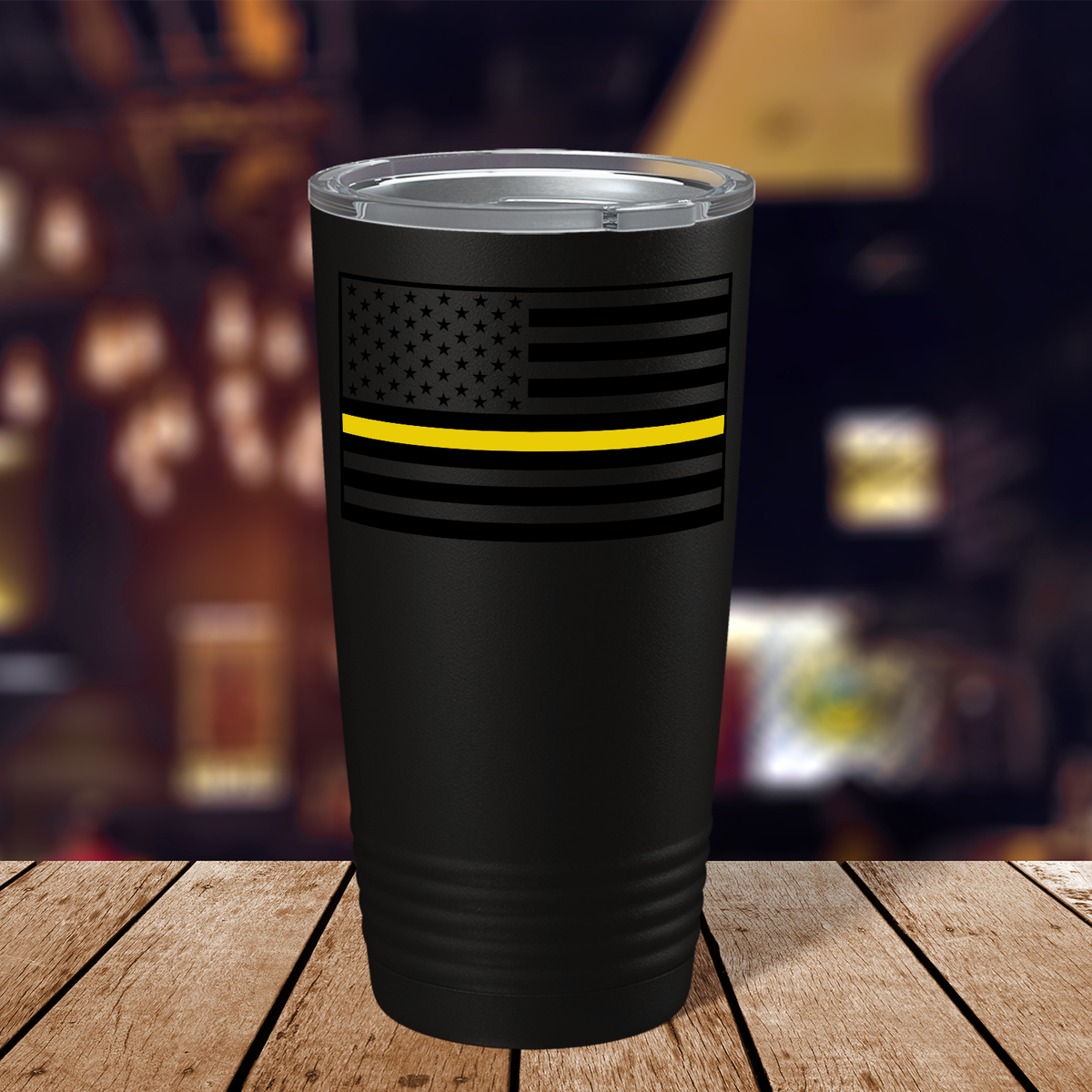 Dispatcher Thin Gold Line Flag 20oz Black Tumbler