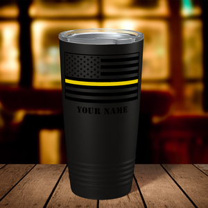 Personalized Dispatcher Thin Gold Line Flag on Black Tumbler