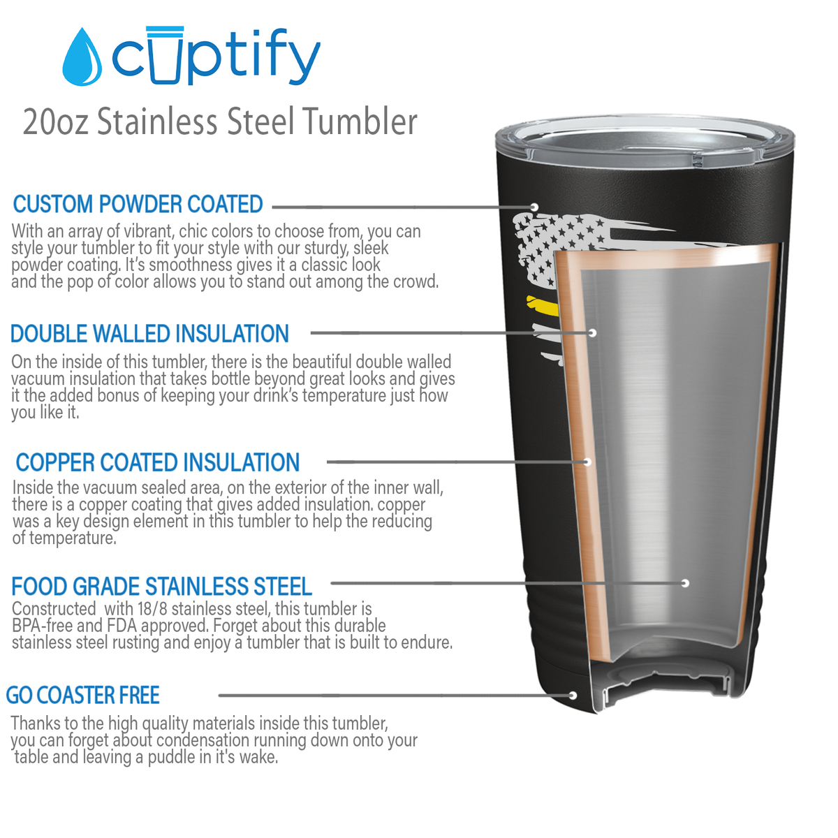 Flying Thin Gold Line Flag Dispatcher 20oz Black Tumbler