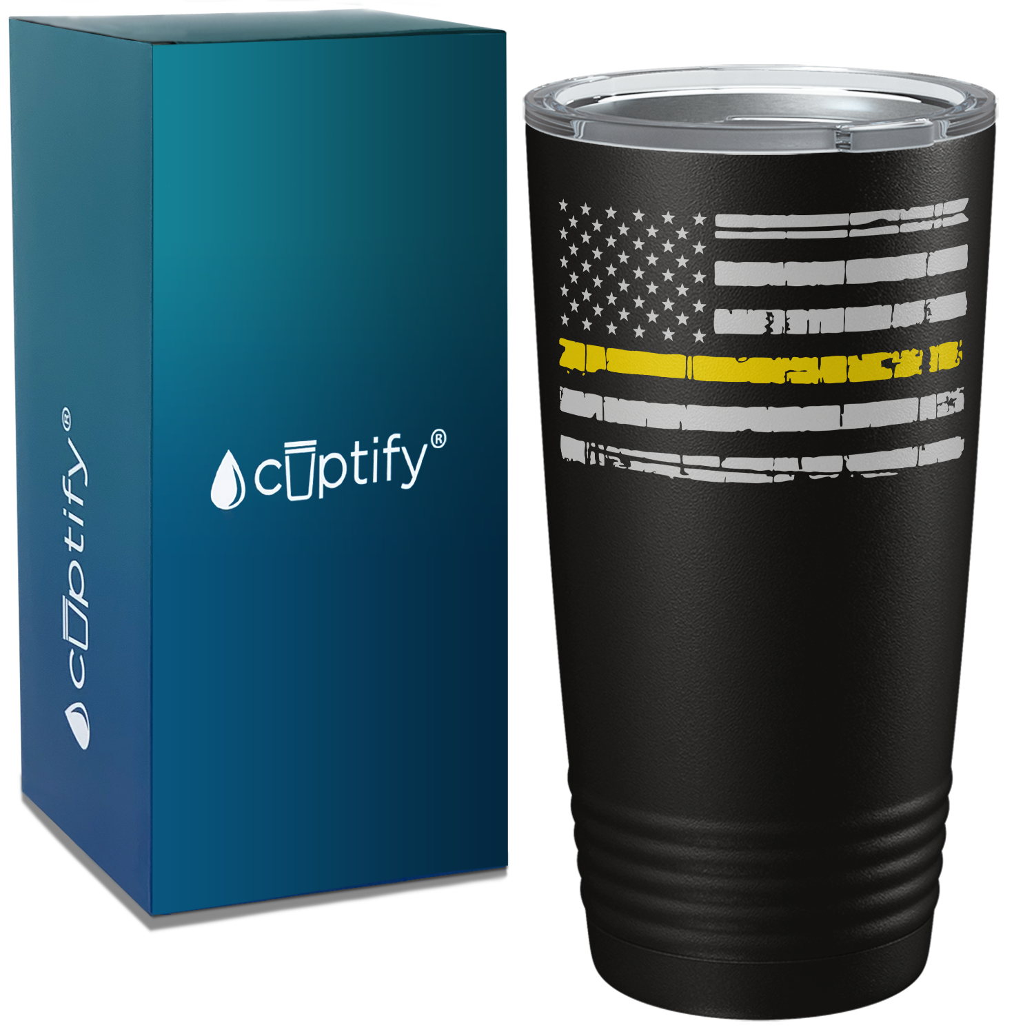 Distressed Thin Gold Line Flag 20oz Black Dispatcher Tumbler