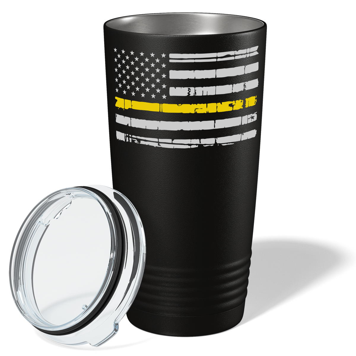 Distressed Thin Gold Line Flag 20oz Black Dispatcher Tumbler