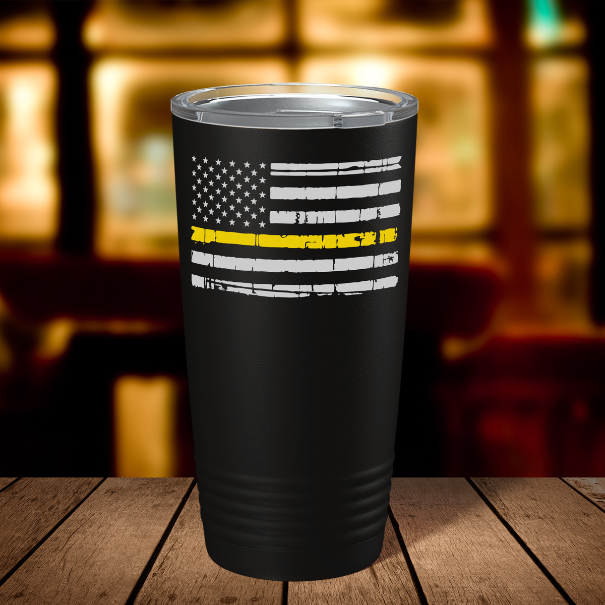 Distressed Thin Gold Line Flag 20oz Black Dispatcher Tumbler