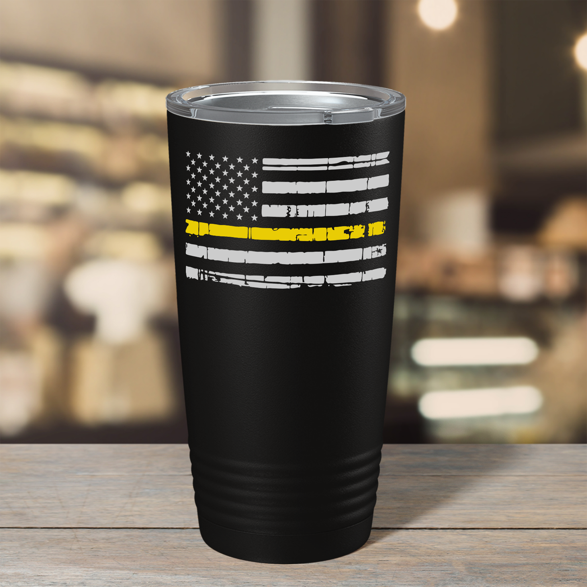 Distressed Thin Gold Line Flag 20oz Black Dispatcher Tumbler