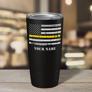 Personalized Distressed Thin Gold Line Flag Dispatcher 20oz Black Tumbler