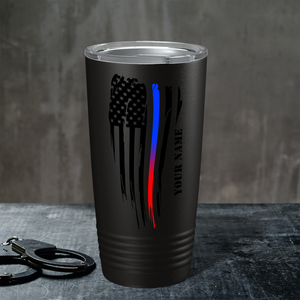 Personalized Thin Red and Blue Line American Flag Police 20oz Black Tumbler