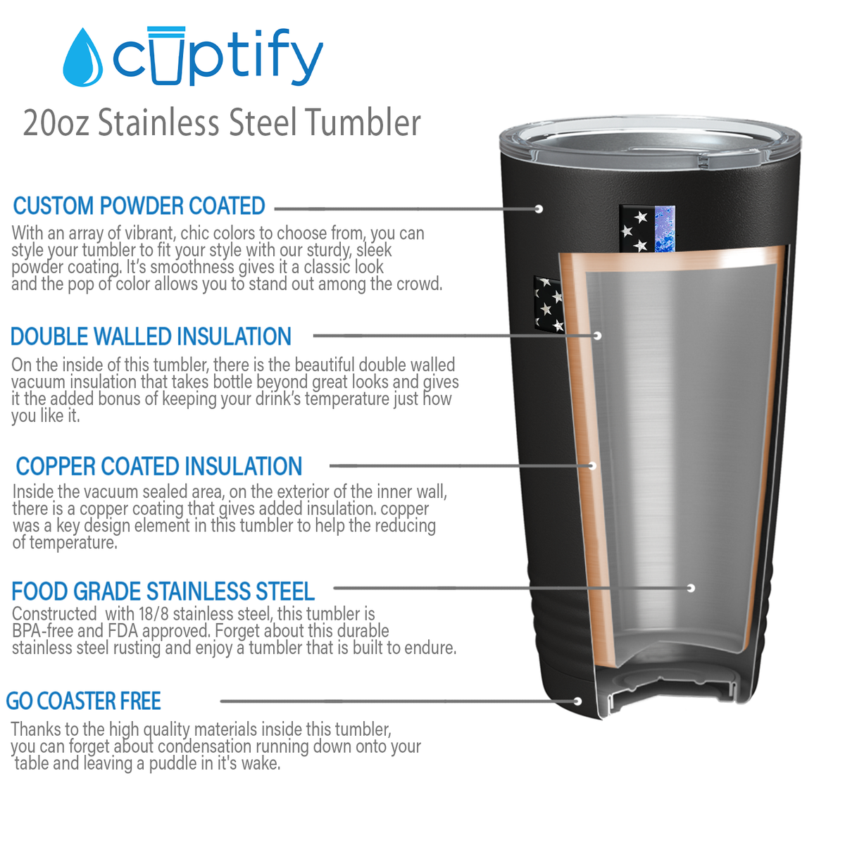 Retro Thin Blue Line Cross Long Police 20oz Black Tumbler