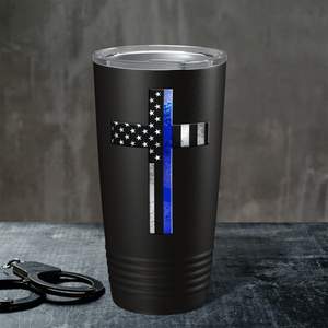 Retro Thin Blue Line Cross Long Police 20oz Black Tumbler