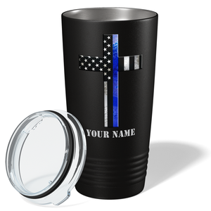 Personalized Retro Thin Blue Line Cross Long Police 20oz Black Tumbler