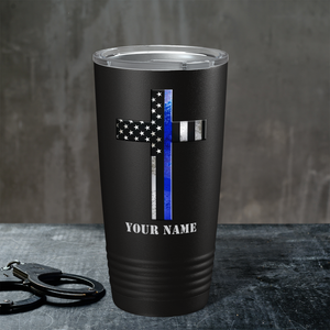 Personalized Retro Thin Blue Line Cross Long Police 20oz Black Tumbler