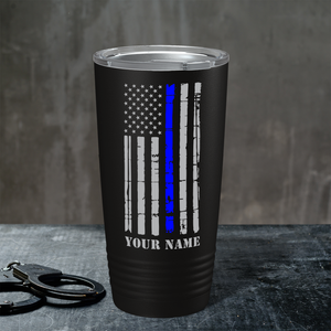 Personalized Distressed Blue Line Flag 20oz Black Police Tumbler